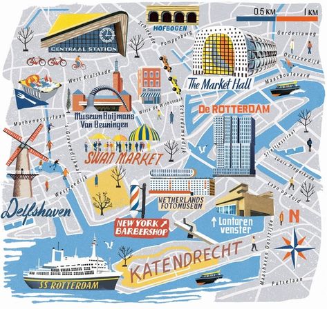 Rotterdam map for National Geographic Traveller by Anna Simmons Rotterdam Map, Manchester Map, Manchester Travel, Netherlands Travel, Manchester England, Country Maps, Voyage Europe, Happy Friends, Illustrated Map