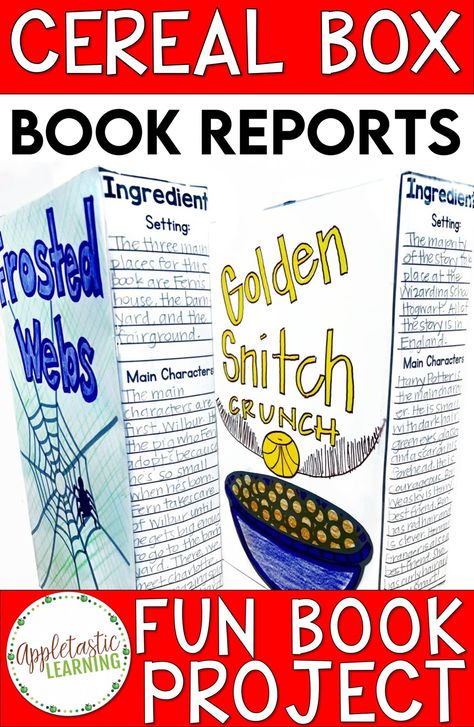 Cereal Box Book Report projects are fun, unique, and easy for students in 3rd, 4th, 5th, 6th grades and middle school! This creative book report idea has templates, rubrics, graphic organizers, writing activities, and awards! Students learn how to make a cool cereal box book report for fiction, nonfiction, and biographies with this DIY book report packet! Printable book report templates are great for elementary students. Fifth Grade Book Report, Book Report Ideas 3rd Grade, Unique Book Report Ideas, Homeschool Book Report Ideas, 6th Grade Book Report Template, Cereal Box Biography Project, Creative Book Report Ideas Elementary, Cereal Book Report Ideas, Book Report Projects Elementary