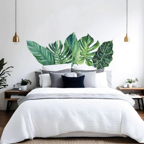 DecorationMonster - Etsy Watercolor Tropical Leaves, Botanical Bedroom, Headboard Decal, Tropical Interior Design, Roommate Decor, Tropical Bedrooms, Watercolor Tropical, Watercolor Wall, Mural Floral