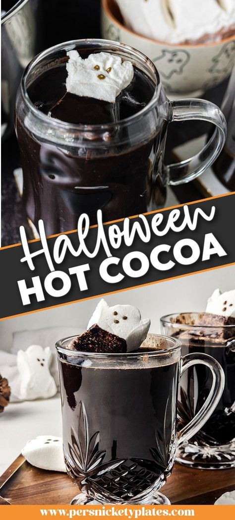 Make Halloween hot chocolate for this year's Halloween bash! Black hot chocolate is eerily dark, so fun to look at, and just as delicious to drink! Topped with a ghost marshmallow, serving mugs of black hot cocoa is sure to be a hit! Black Hot Chocolate, Halloween Hot Chocolate Bar Ideas, Halloween Crockpot, Halloween Hot Chocolate, Persnickety Plates, Halloween Eats, Healthy Halloween Snacks, Make Halloween, Best Cocktail Recipes