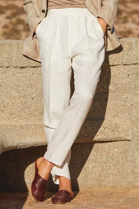 White Pants Men, White Chinos, Trouser Outfit, Rustic Texture, White Linen Pants, British Military, Tan Pants, Brown Leather Loafers, Guys Clothing Styles