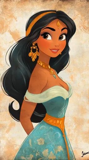 ↑↑↑ Larger size on website 🔸 The image is a digital painting of Princess Jasmine from the Disney movie Aladdin.  She is wearing a Jasmine Face Character, Disney Characters Jasmine, Black Hair And Brown Eyes, Princess Jasmine Art, Disney Princess Fan Art Jasmine, Princess Jasmine With Tiger, Jasmine Art, Jasmine From Aladdin, Brown Eyes Black Hair