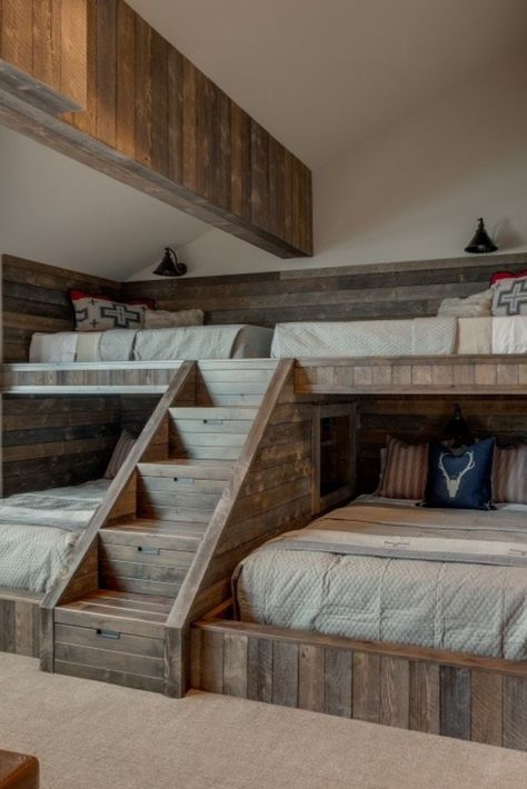 Lake Bunk House, 4 Bunk Beds In One Room Rustic, Tiny Home Bunk Bed Ideas, Diy Bunk Room Ideas, Barndominium Bunk Room, Bunk Bed Designs Small Bedrooms, Bunkhouse Ideas Guest Cabin, Built In Bunk Beds, Rustic Bunk Beds