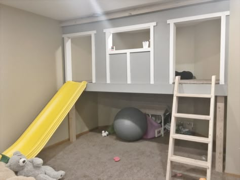 DIY indoor slide, playground, fort, playhouse. #kids #parenting #minimalistgifts #nomoreplasticjunk #indoorfun #gifting #diy #homeprojects #coolparents Coolest Bunk Beds, Slide In Basement, Playhouse Indoor Diy, Loft Playhouse, Indoor Play Fort, Play Loft With Slide, Diy Fort Indoor, Indoor Playhouse With Slide, Indoor Play Area For Kids Loft