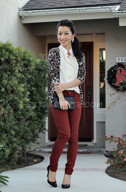 rust pants, leopard cardigan and ivory blouse..Ive had the urge to buy pants like these for awhile, I think now I'm convinced Rust Pants, Extra Petite, Burgundy Jeans, Leopard Cardigan, Cardigan White, Looks Black, Professional Attire, Red Pants, Personal Injury