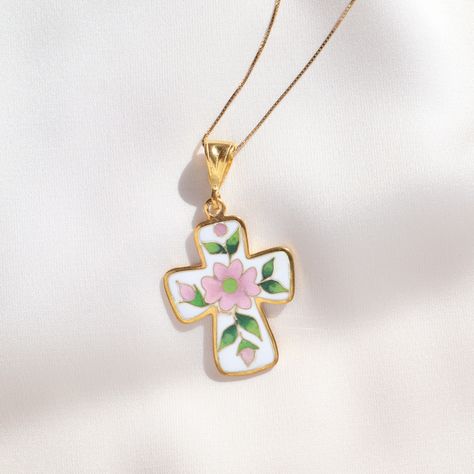 Gold Plated Cross Necklace, Large Cross Pendant, Cloisonne Cross, Silver Cross, Orthodox Cross Necklace, Floral Cloisonne Enamel Cross, Enamel Cross, Orthodox Cross, Cloisonne Enamel, Metal Clay, Jewelry Tools, Gold Enamel, Silver Cross, Handmade Sterling Silver, Handmade Pendants