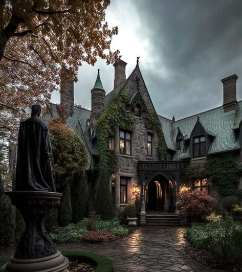 House Design Royal, Fantasy Mansion Aesthetic, Victorian Aesthetic Home Exterior, Old Estate Homes, Victorian Painted Lady House, Dark Victorian Exterior, Vampire House Aesthetic Exterior, Gothic Revival House Exterior, Dark Academia Exterior House