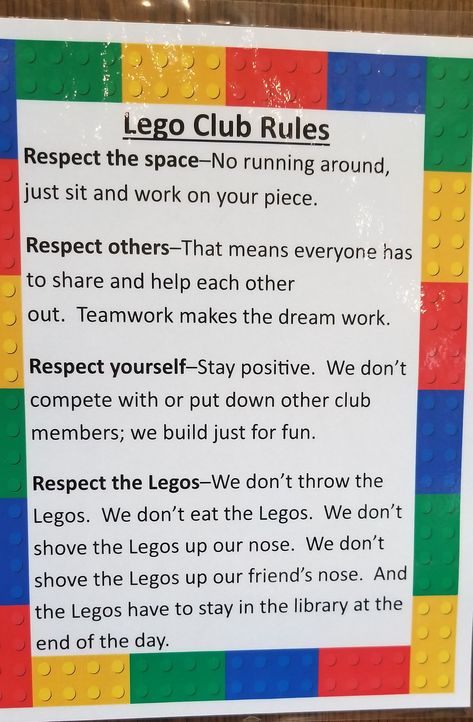 After School Lego Club, Lego Club Ideas For Elementary Schools, Lego Club Activities, Lego Club Challenges, Robotics Club Ideas, Lego Group Activities, School Lego Club, Lego Club Rules, Lego Therapy Free Printable