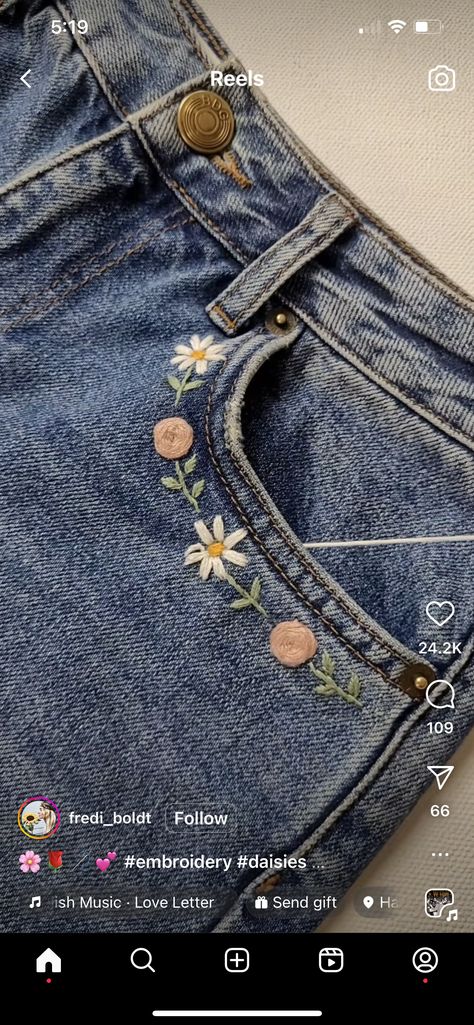 Embroidered Jean Shorts Diy, Embroidery Pants Jeans Pockets, Embroidered Jean Cuffs, Flower Jean Embroidery, Flower Embroidery Jeans Pocket, Embroidered Jean Shorts, Embroidered Jeans Pocket Flowers, Diy Jean Shorts, Embroidered Non-stretch Denim Pants