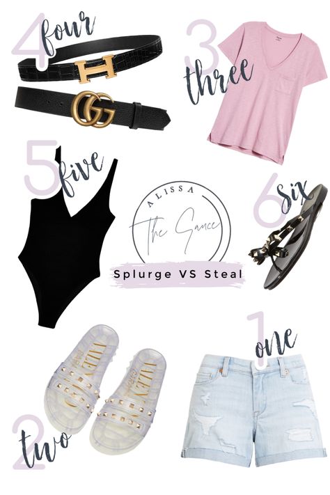 Splurge vs Steal - Fashion — Alissa Grossi | Everyday Hair Splurge Vs Steal, Jelly Flip Flops, Everyday Hair, Look Put Together, Boyfriend Denim, Black One Piece Swimsuit, Black One Piece, Everyday Hairstyles, U Neck