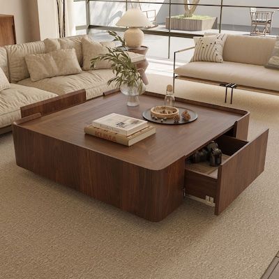 Oizaye Shanea Brown Walnut Wood Modern Coffee Table LICHU002-90 at Lowes.com Dining Room Coffee Table, Oak Center Table, 42 Inch Square Coffee Table, Game Table Coffee Table, Game Storage Coffee Table, Wooden Center Tables For Living Room, Brown Living Room Table, Giant Coffee Table, Reversible Ottoman Coffee Table