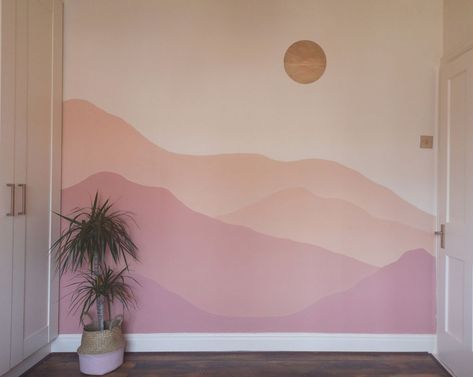 Half Bath Wall Mural, Mural Indoor Painted Walls, Wall Mural Indoor, Aesthetic Mural Bedroom Painting, Diy Bedroom Mural, Indoor Mural Ideas, Simple Paint Designs On Wall, Unique Painted Walls, Calming Mural