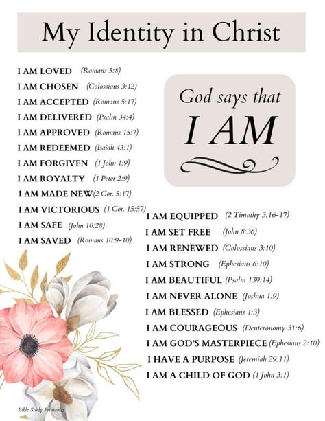 Do you know all that God says about you? Use the free printable My Identity in Christ printables to keep handy as a continual reminder of your true identity. Prayer Bible Themes, My Identity In Christ, Life Themes, Learn The Bible, Prayer Bible, Scripture Writing Plans, Christian Affirmations, My Identity, Bible Study Plans