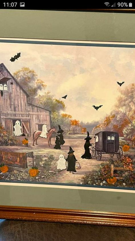 Paint Ghost On Old Painting, Halloween Painting On Old Pictures, Upcycled Paintings, Thrift Painting, Thrifted Halloween, Haunted Pictures, Thrifted Art, Ghost Paintings, Paint Halloween