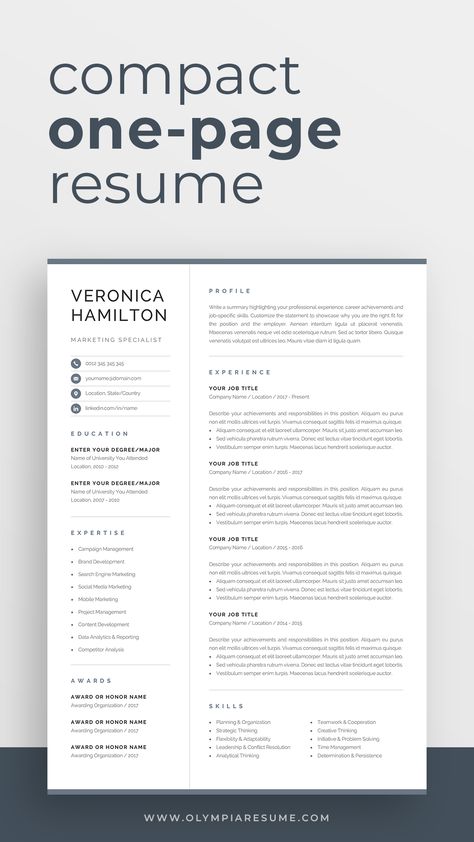 Give your resume a professional look with this compact and contemporary one-page resume template. The template is designed to make it easier for employers to quickly skim through, giving them a concise overview of your professional experience and accomplishments. Download your copy now and take the first steps to kickstarting your career! One Page Resume Template, Professional Resume Examples, Resume Profile, Creative Cv Template, Modern Cv Template, Fonts Lettering, Calligraphy Modern, Handlettering Calligraphy, Design Resume