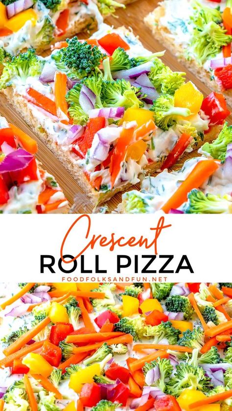 Crescent Roll Veggie Pizza, Veggie Pizza Appetizer, Pizza Appetizer, Veggie Pizza Recipe, Crescent Roll Pizza, Party Snacks Easy, Pizza Appetizers, Crescent Roll Recipes, Veggie Pizza