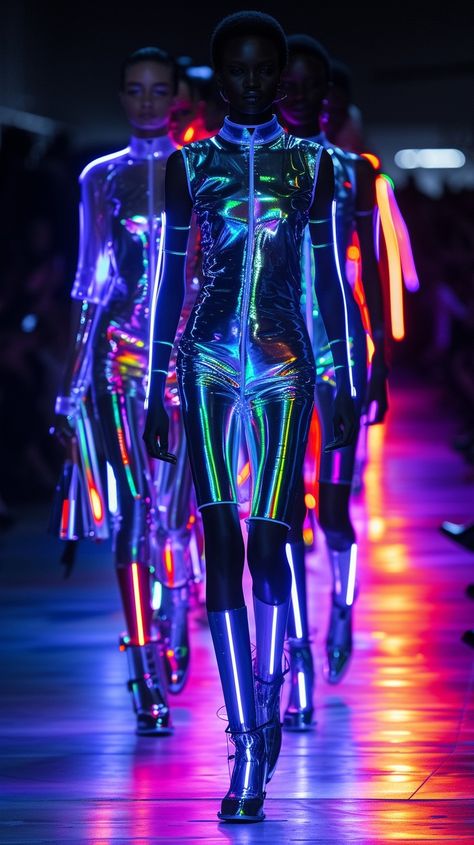 Futuristic Neon Fashion, Cyberpunk Neon Outfit, Technology Inspired Fashion, Technology Outfit, Science Fiction Clothes, Futuristic Event, Wardrobe Drawing, Science Fiction Fashion, Glow Outfits