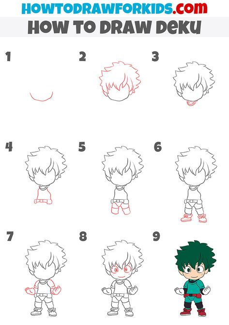 how to draw deku step by step Mha Drawings Deku, Deku Drawing Tutorial, How To Draw Deku's Hair, How To Draw Deku Step By Step, Drawing Of Izuku Midoriya, Virtual Reality Art, Art Plan, Basic Drawing, Easy Doodle Art