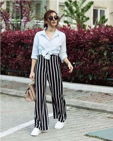 Striped Wide Leg Pants Outfit, Black Striped Pants Outfit, White Striped Pants Outfit, Striped Pants Outfit, Plazo Pant, Stripe Pants Outfit, Black And White Striped Pants, Striped Palazzo Pants, Striped Wide Leg Pants