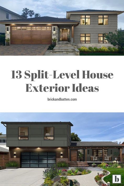 Modern Split Level Exterior Remodel, Split Level Craftsman Exterior, Contemporary Split Level Exterior, Split Home Remodel Exterior, Modern Split Entry, Mcm Split Level Exterior, 60s Split Level Remodel Exterior, Update 70s House Exterior, Side Split Renovation