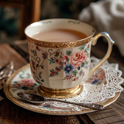 Download 'Elegant Tea Time' - An exquisite porcelain tea cup adorned with floral patterns sitting on a lace doily and saucer. - Get this free stock photo and more high-quality images on StockCake. No attribution required. Aesthetic Tea Cup, Coffee Tea Bar Ideas, Tea Cup Image, Tiny Desserts, Antique Cottagecore, The March Hare, Vintage Tea Time, The Ides Of March, Picture References