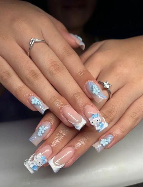 Mexican Nails Designs Acrylic Short, Baby Blue And White Acrylic Nails, Nails For Baby Shower Boy, Baby Blue Nails Short, Blue Coquette Nails, Cute Baby Blue Nails, Baby Shower Nails Boy, Cross Nail Designs, Baby Blue Acrylic Nails