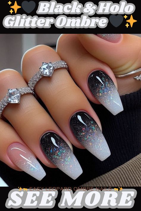 These black and holographic glitter ombre nails are seriously glam! ✨ Get the look and more nail inspiration. ➡️  See the comments for the link!,nailart,nails,naildesigns,nailinspo,manicure,beauty,fashion,style,gelnails ,acrylic nails,nail art designs,geometricnails,floralnails,frenchmanicure,ombrénails ,marblenails,summernails,winternails,holidaynails,weddingnails,valentinesnails ,rednails,pinknails,bluenails,nudenails,blacknails,springnails Black And White Ombre Acrylic Nails, Black White Ombre Nails, Pink And White Ombre Nails With Glitter, Coffin French Tip Nails With Design, Black And White Glitter Nails, Rose Gold And Black Nails, Black And White Ombre Nails, Wedding Esthetics, White Ombre Acrylic Nails