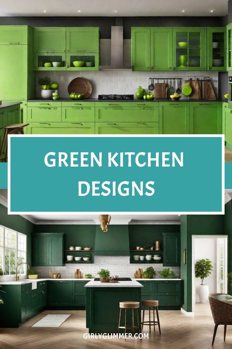 Green-themed kitchens with modern cabinets and decor elements. The text reads "Green Kitchen Designs". Kitchen Painting Ideas, Kitchen Color Ideas, Olive Green Kitchen, Green Kitchen Designs, Green Backsplash, Trendy Kitchen Colors, Green Kitchen Cabinets, Fresh Kitchen, Charming Kitchen