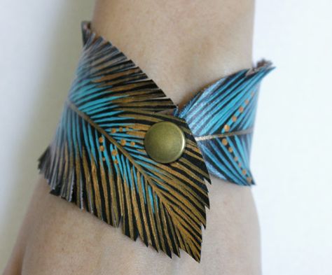 Feather Cuff Bracelet, Turquoise Feather Bracelet, Faux Leather Bracelet, Hand Painted Vegan Jewelry, Gifts for Her Feather Cuff Bracelet, Diy Feather, Feather Cuff, Faux Leather Bracelets, Leather Jewelry Diy, Vegan Jewelry, Jewerly Designs, Feather Bracelet, Jewelry Staples