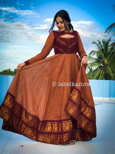 Sungudi Cotton Anarkali/sungudi Dress/sungudi Gown/saree | Etsy Frock From Old Saree, Saree Into Gown, Dresses Reference, Saree To Dress, Chudi Designs, Plain Kurti Designs, Saree Reuse, Function Dress, 50 Blouse Designs