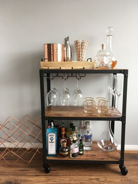 Mini Cocktail Bar Home, Bar Cart In Basement, Bar Cart Small Apartment, Small Bars For Home Bar Carts, Bar Cart Industrial, Cocktail Bar Apartment, Man Bar Cart, Home Cocktail Bar Design, Nissafors Bar Cart