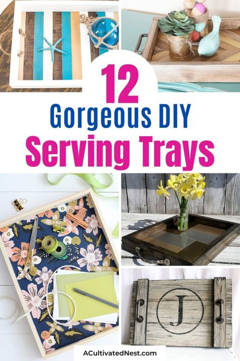 12 Charming DIY Serving Trays- If you want to add style to your space on a budget, then grab the craft supplies and get busy making these 12 charming DIY serving trays. | #diyDecor #craft #DIYs #diyProject #ACultivatedNest Puzzle Board Diy, Painted Trays Ideas, Pallet Serving Trays, Chalkboard Serving Trays, Diy Buffet, Diy Serving Tray, Rustic Serving Trays, Dinner Tray, Diy Monogram