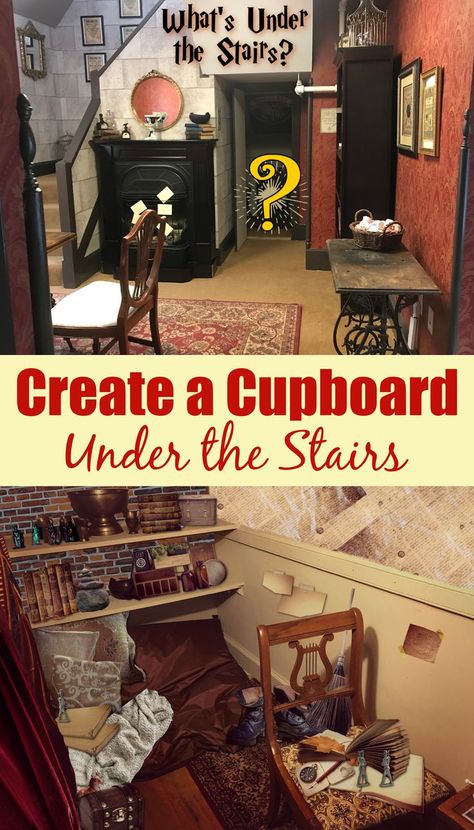 Harry Potter Closet Ideas, Harry Potter Reading Nook Under Stairs, Cupboard Under Stairs Ideas Harry Potter, Harry Potter Cupboard Under The Stairs, Harry Potter Closet Under The Stairs, Harry Potter Under The Stairs Room, Harry Potter Reading Nook, Harry Potter Closet, Cupboard Under The Stairs