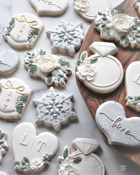 Julie Thomas (@juliesartisanbakery) • Instagram photos and videos Julie Thomas, Pine Boughs, Winter Bridal Showers, Bridal Shower Cookies, Shower Collection, Christmas Cookies Decorated, Wedding Cookies, Floral Spray, Floral Heart