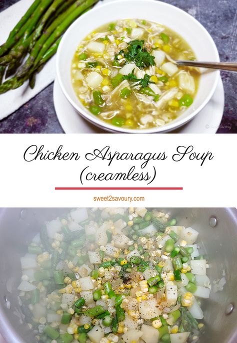 Chicken Asparagus Soup Recipe, Chicken And Asparagus Soup, Asparagus Chicken Soup, Chicken Asparagus Mushroom, Asparagus Recipes Soup, Gina Livy, Asparagus Soup Recipe, Chicken Broth Soup, Potatoes Asparagus