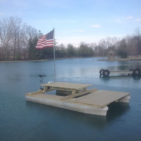 DIY Picnic Table Pontoon. Party Barge Floating Picnic Table, Pontoon Party, Small Pontoon Boats, Diy Picnic, Diy Picnic Table, Party Barge, Lake Fun, Floating Dock, Deck Boat