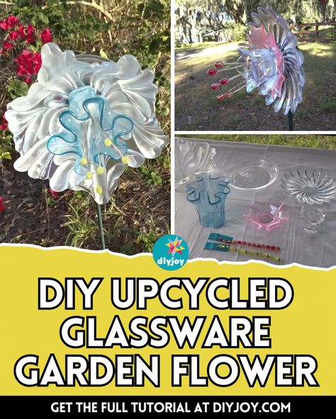 Easy DIY Upcycled Glassware Garden Flower Tutorial Upcycled Wine Glasses, Upcycle Garden Ideas Yard Art, Glass Garden Art Diy, Upcycling Glassware, Glass Garden Flowers Diy, Upcycled Glassware, Garden Upcycle, Suncatchers Diy, Glass Crafts Diy