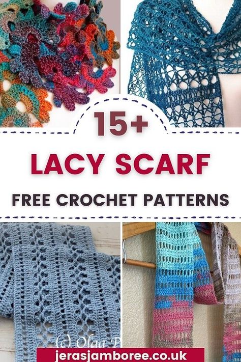 15+ Free and Easy Lightweight and Lacy Crochet Scarf Patterns - Jera's Jamboree - crochet, entertainment, slow living Crochet Scarf Pattern Free One Skein Sock Yarn, Crochet Scarf Lightweight Yarn, Crochet Scarf Lacy, Easy Lacy Crochet Scarf, Elegant Crochet Scarf Pattern Free, Crochet Patterns Using Lace Weight Yarn, Mohair Scarf Crochet Pattern, Free Lacy Crochet Scarf Patterns, Crochet Lightweight Scarf