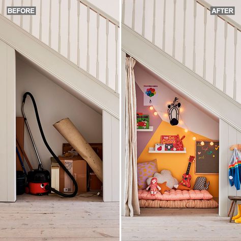 Create a characteful under stairs play area with in 4 easy steps Under Stairs Area Ideas, Under Stairs Diy Ideas, Play Under Stairs, Understair Play Area, Play Corner Under Stairs, Under Staircase Play Area, Cubby Under The Stairs, Curtains Under Stairs, Under Stairs Curtain Ideas