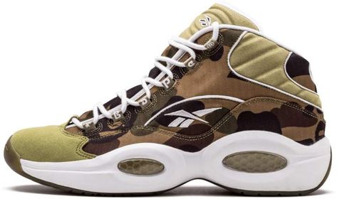 Reebok Question Mid Bape Camo/White Bape Shoes, Reebok Question Mid, Reebok Question, Camo Shoes, Adidas Crazy, Reebok Sneakers, Stadium Goods, Reebok Shoes, Hot Sneakers