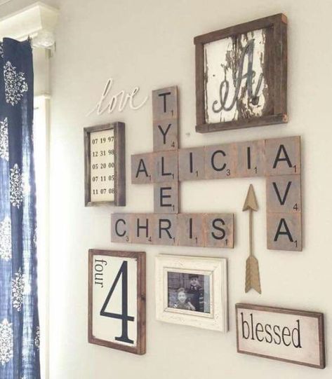 Spell out kids names and use decoration in the hall or living room maybe...? Wall Gallery Ideas, Farmhouse Gallery Wall, Wall Galleries, Picture Walls, Scrabble Wall Art, Scrabble Wall, Monogram Wall Art, Photo Walls, Photo Wall Gallery