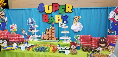 Video Game Baby Shower Ideas, Mario Baby Shower Ideas, Mario Gender Reveal, Mario Decorations, Disneyland Birthday, Nerdy Baby, Baby Shower Sash, Gender Reveal Themes, Mario Bros.