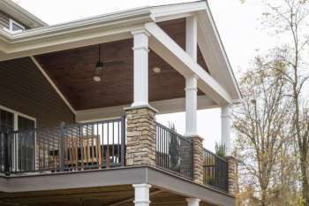 Open Gable Roof, Covered Backyard, Second Story Deck, Deck Railing Ideas, Covered Patio Design, Raised Deck, Porch Addition, Railing Ideas, Porch Columns