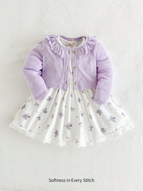 2pcs Baby Girl Ditsy Floral Round Neck Ruffle Waist Dress & Long Sleeve Cardigan Set, Purple Purple     Animal,Floral,Plants  Slight Stretch  Baby Girls Clothing, size features are:Bust: ,Length: ,Sleeve Length: Purple Baby Clothes, Purple Animals, Purple Collar, Cardigan Set, Purple Baby, Dress Long Sleeve, Neck Ruffle, Sleeve Cardigan, Ditsy Floral