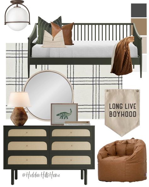 Olive And Black Bedroom, Hunter Green Boys Room, Olive Green Boys Room, Green Toddler Room, Toddler Big Boy Room, Winfield House, Boys Bedroom Green, Home Staging Ideas, Big Boy Bed