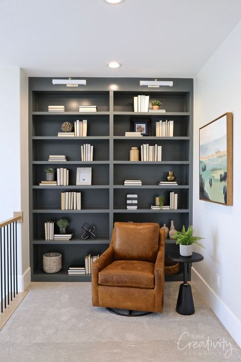 Bookshelf painted with Sherwin Williams Grays Harbor. Millhaven Homes, Grays Harbor, Decor Pad, Trending Paint Colors, Choosing Paint, Danish Modern Furniture, Paint Color Inspiration, Cabinet Paint Colors, Perfect Paint Color