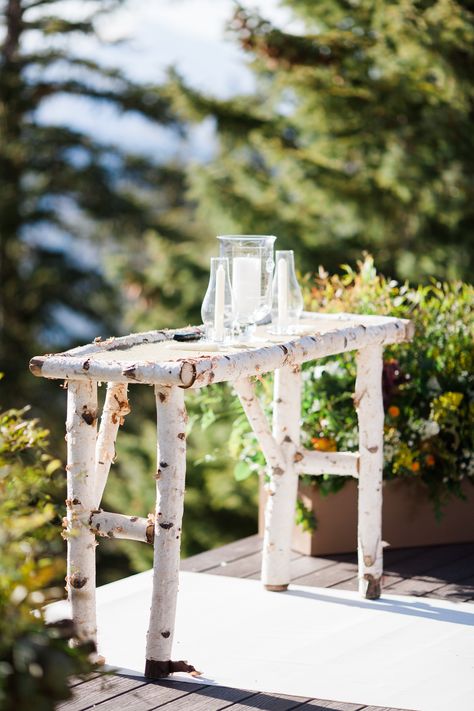 Aspen Tree Table Alter Decor Birch Tree Decor, Alter Decor, Rustic Mountain Wedding, Twig Furniture, Koti Diy, Sticks Furniture, Wedding Alters, Birch Table, Birch Branches