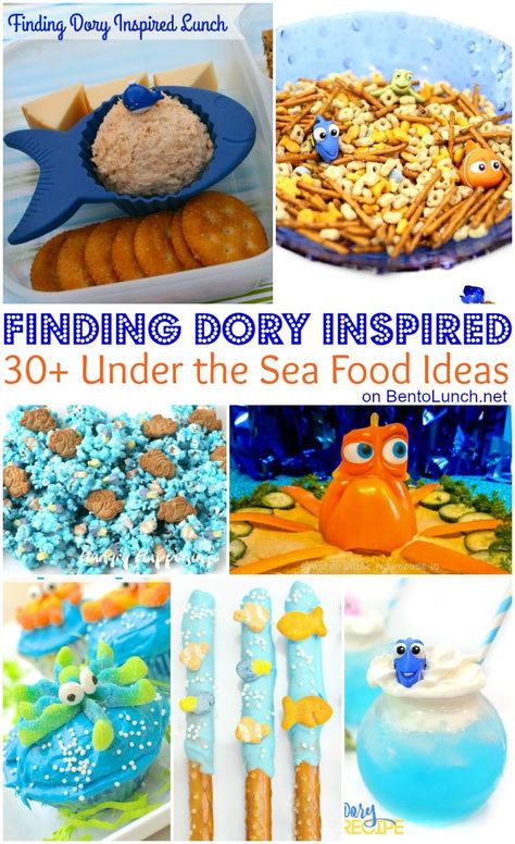 BentoLunch.net - What's for lunch at our house: 30+ Finding Dory-Inspired Under the Sea Food Ideas for Kids Finding Nemo Snack Ideas, Finding Nemo Snacks, Sea Food Ideas, Finding Nemo Movie Night, Nemo Party Food, Under The Sea Food Ideas, Under The Sea Food, Movie Foods, Nemo Baby Shower