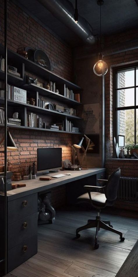 In the realm of interior design, this office takes a bolder route with exposed brick, dark shelves, and a metallic finish that screams modern industrial chic. It`s the sort of room that tells a story of late nights and bright ideas, of hard work, and the deep satisfaction that comes with it. Small Office Lots Of Storage, Industrial Style Bedroom, Industrial Home Offices, Bedroom Ideas Romantic, Rustic Home Offices, Industrial Style Home, Loft Office, Industrial Style Decor, Small Home Offices