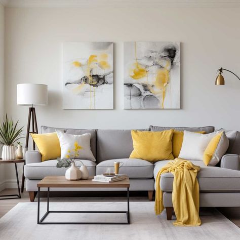 Yellow Pillows On Couch, Mustard Living Rooms, Grey And Yellow Living Room, Yellow Decor Living Room, Grey Sofa Living Room, Shape Sofa, Living Room Decor Gray, Living Room Themes, Brown Couch